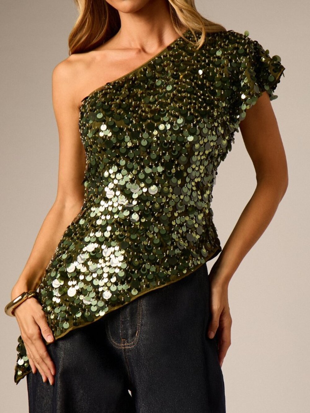 Green Party Women's Sequin & beads Asymmetric Ruffle one shoulder Blouse